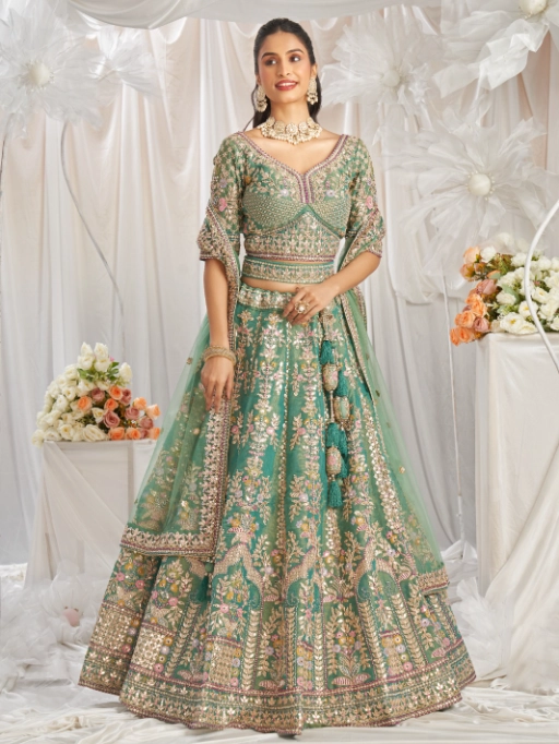 Vardan Ethnic Sea Green Tissue with Heavy Sequin Work Designer Wedding Lehenga