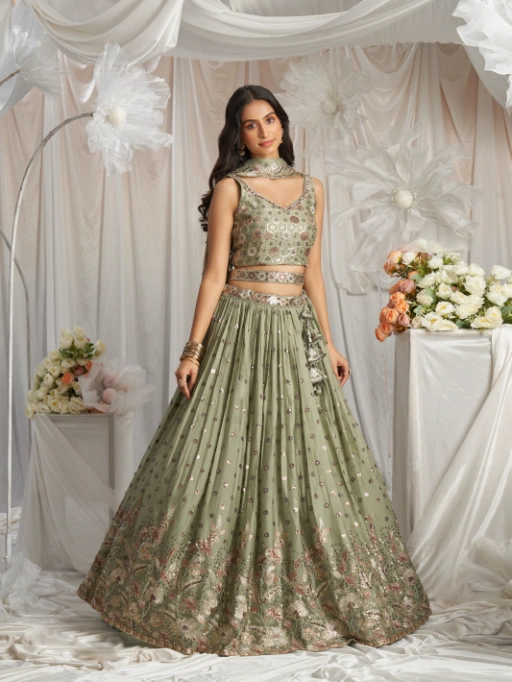 Vardan Lime Green Sequin Work Designer Georgette Lehenga - Image 2