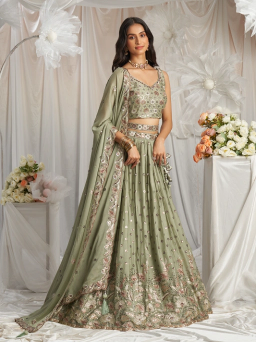 Vardan Lime Green Sequin Work Designer Georgette Lehenga - Image 4