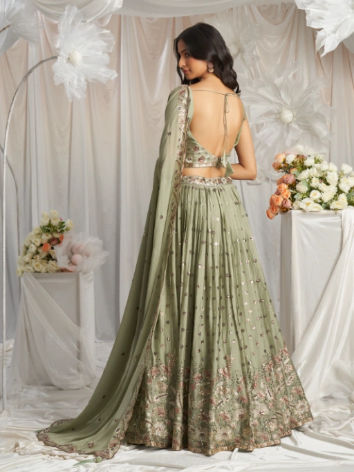 Vardan Lime Green Sequin Work Designer Georgette Lehenga - Image 3