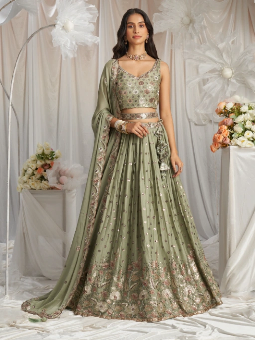 Vardan Lime Green Sequin Work Designer Georgette Lehenga