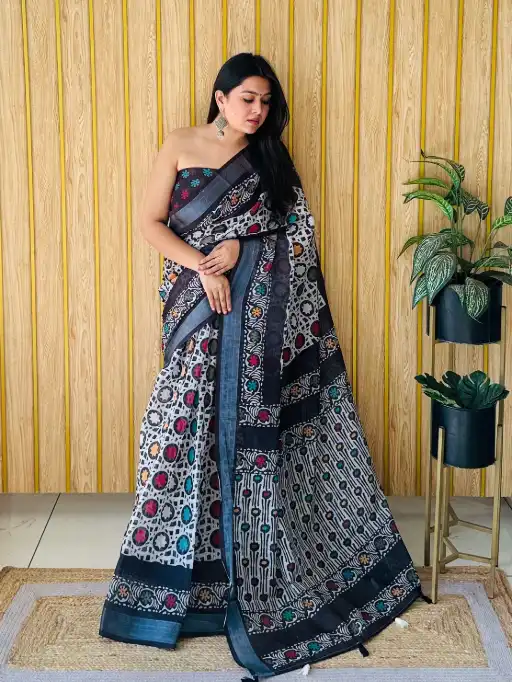 Vardan Premium Soft Linen Saree Cotton Print Saree Catalog