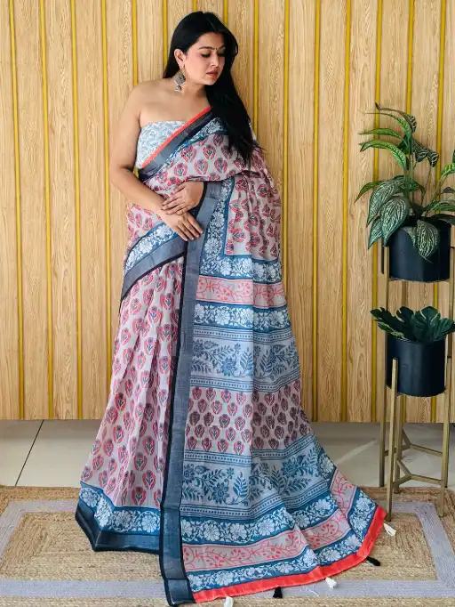 Vardan Premium Soft Linen Saree Cotton Print Saree Catalog - Image 8