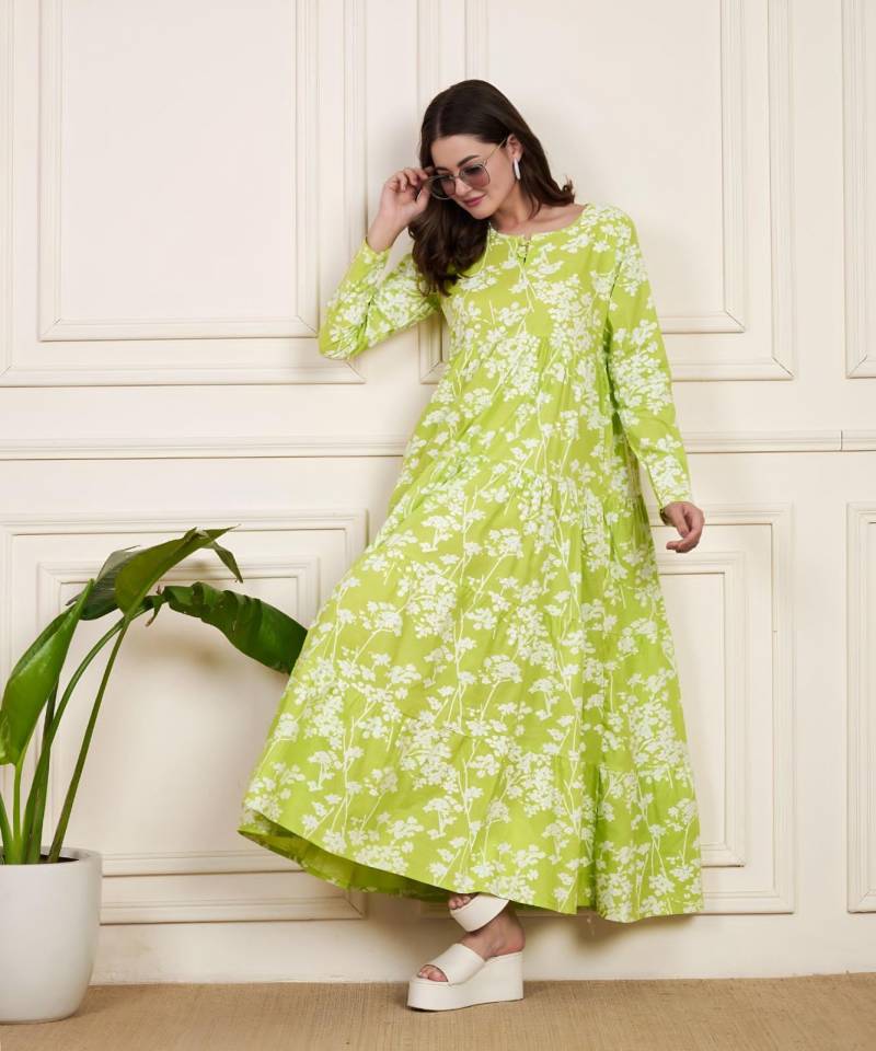 Vardan Radium Green Flared Elegant Cotton Gowns Collection