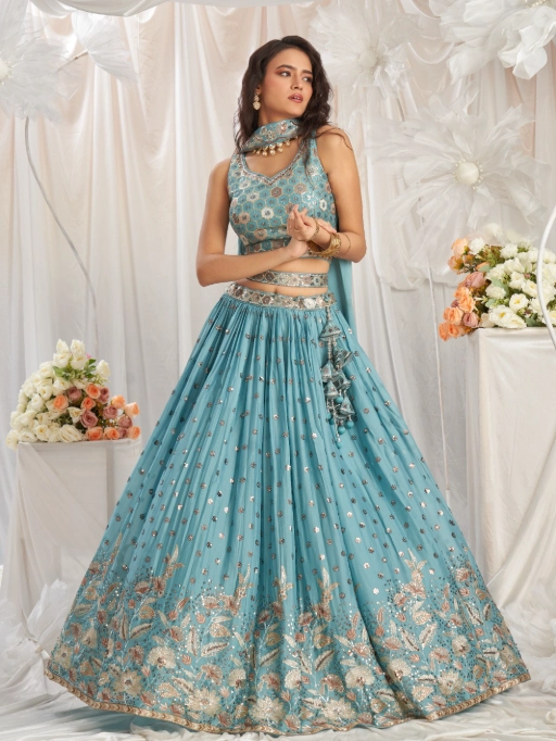 Vardan Turquoise Blue Sequin Work Designer Georgette Lehenga