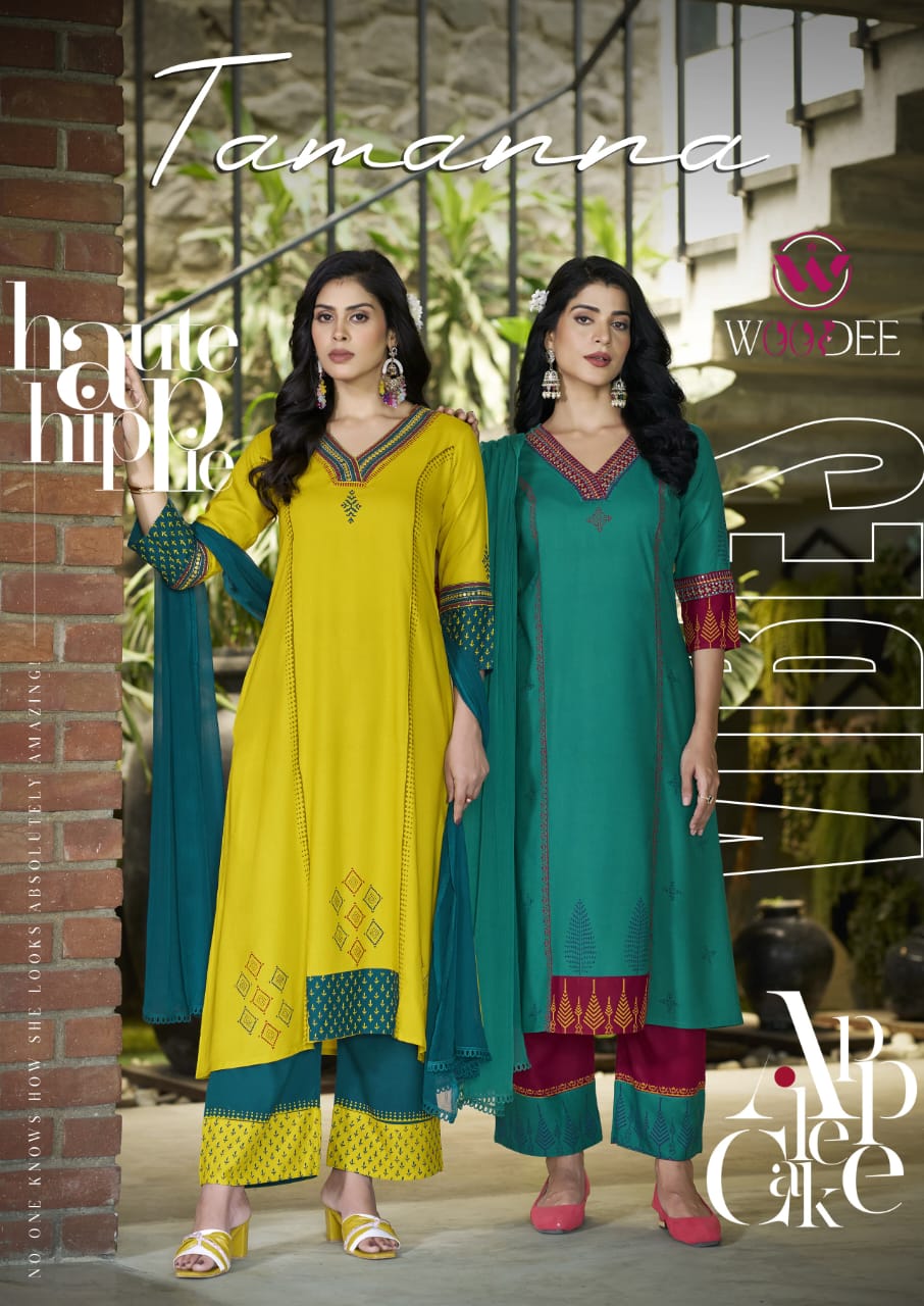 Woodee Tamanna Rayon Wholesale Readymade Kurti Plazzo Set with Dupatta