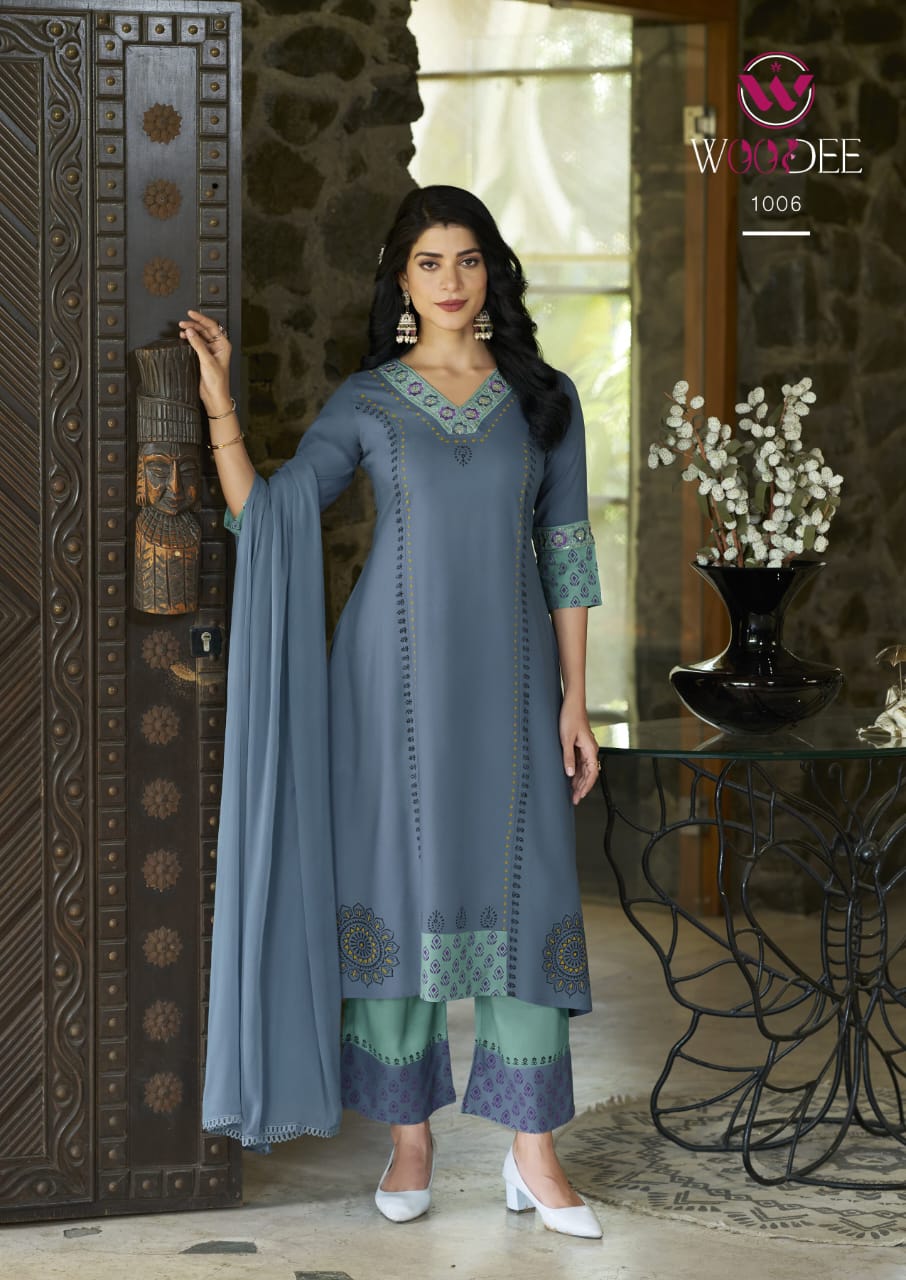 Woodee Tamanna Rayon Wholesale Readymade Kurti Plazzo Set with Dupatta - Image 9