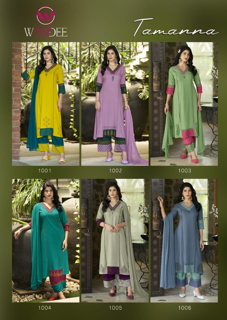 Woodee Tamanna Rayon Wholesale Readymade Kurti Plazzo Set with Dupatta - Image 11