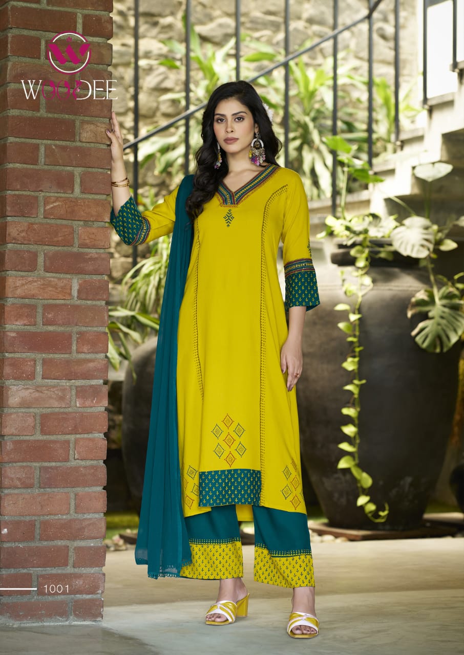Woodee Tamanna Rayon Wholesale Readymade Kurti Plazzo Set with Dupatta - Image 10