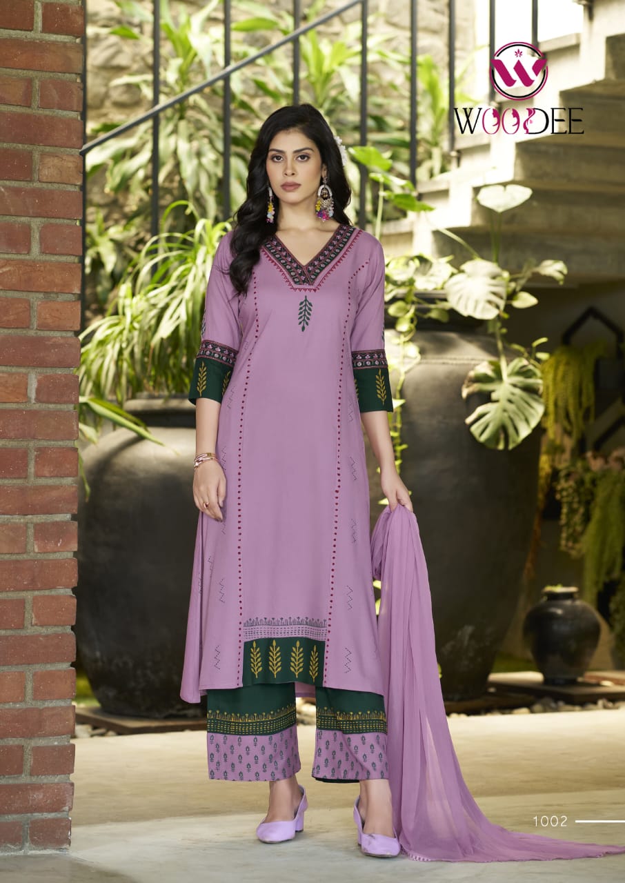 Woodee Tamanna Rayon Wholesale Readymade Kurti Plazzo Set with Dupatta - Image 3