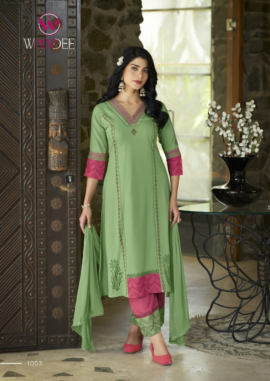 Woodee Tamanna Rayon Wholesale Readymade Kurti Plazzo Set with Dupatta - Image 4