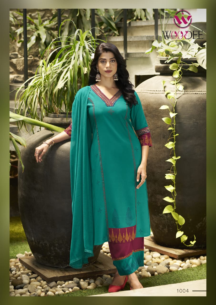Woodee Tamanna Rayon Wholesale Readymade Kurti Plazzo Set with Dupatta - Image 5