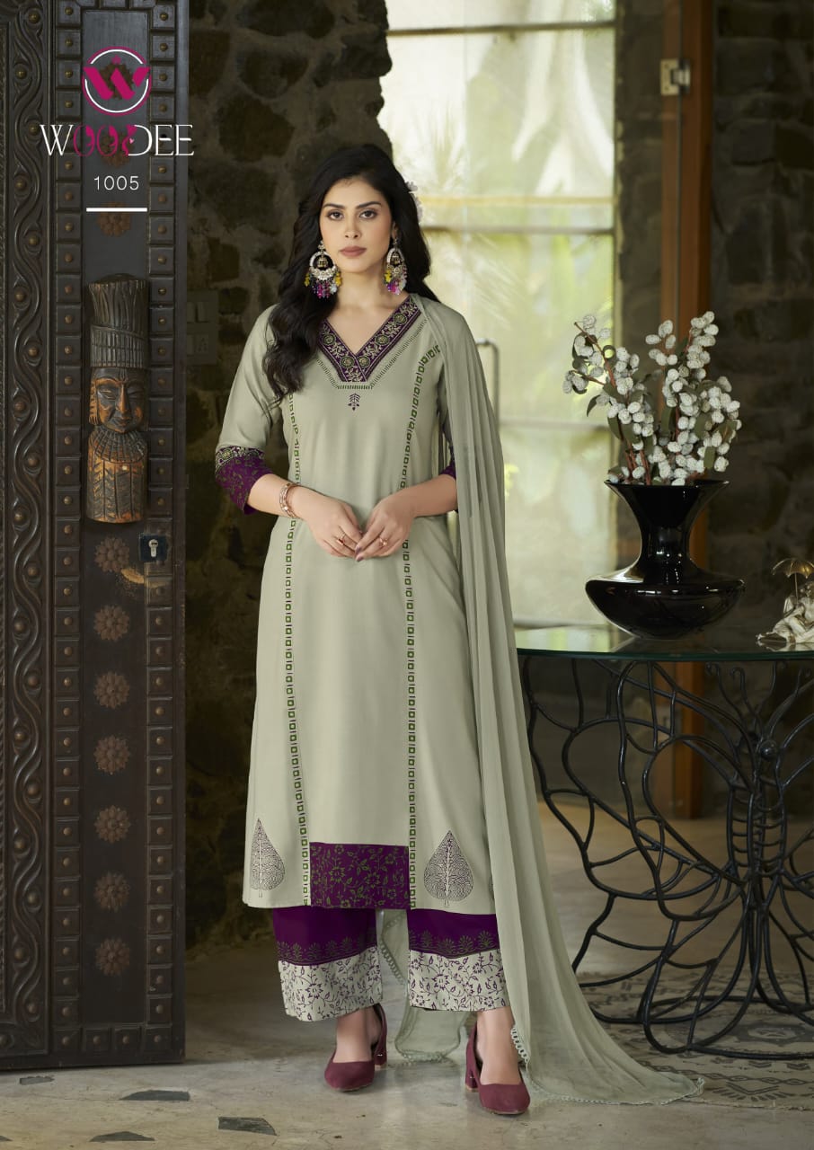 Woodee Tamanna Rayon Wholesale Readymade Kurti Plazzo Set with Dupatta - Image 6