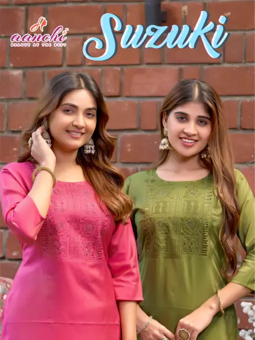 AANCHI Suzuki Self Embroidery Roman Shimmer Kurti With Bottom Collection