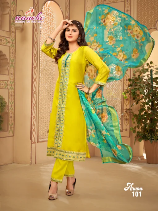 Aanchi Aruna Roman Silk Wholesale Kurti With Bottom Dupatta Catalog - Image 2