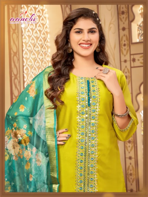 Aanchi Aruna Roman Silk Wholesale Kurti With Bottom Dupatta Catalog - Image 3