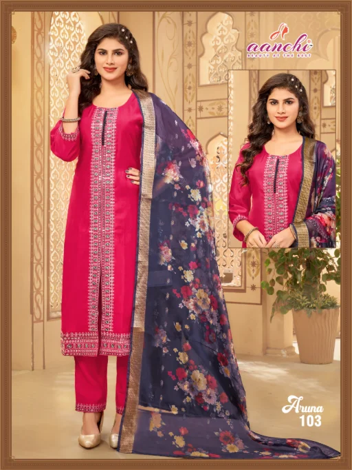 Aanchi Aruna Roman Silk Wholesale Kurti With Bottom Dupatta Catalog - Image 4