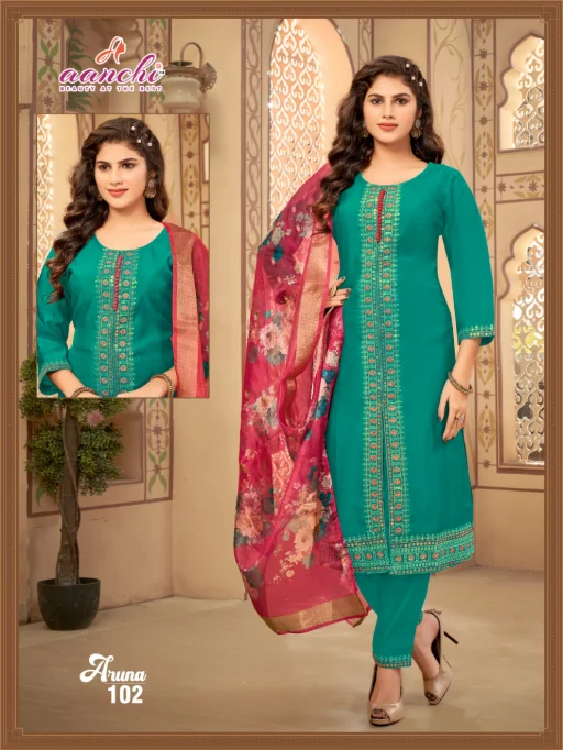 Aanchi Aruna Roman Silk Wholesale Kurti With Bottom Dupatta Catalog - Image 5