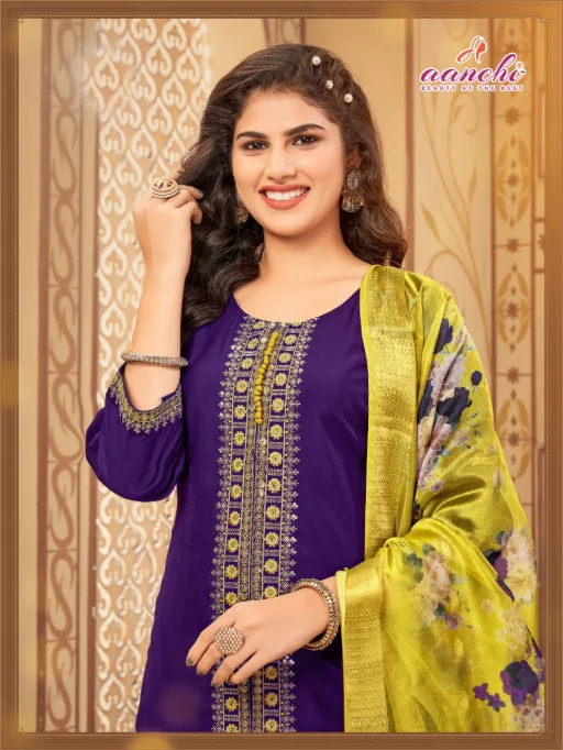 Aanchi Aruna Roman Silk Wholesale Kurti With Bottom Dupatta Catalog - Image 6