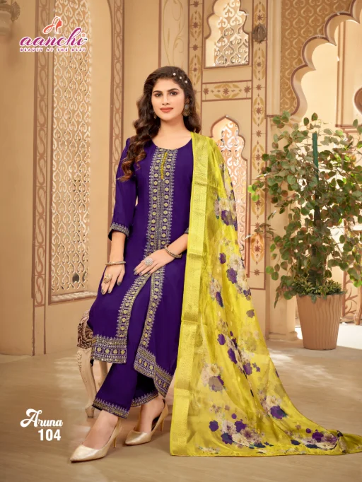 Aanchi Aruna Roman Silk Wholesale Kurti With Bottom Dupatta Catalog - Image 7
