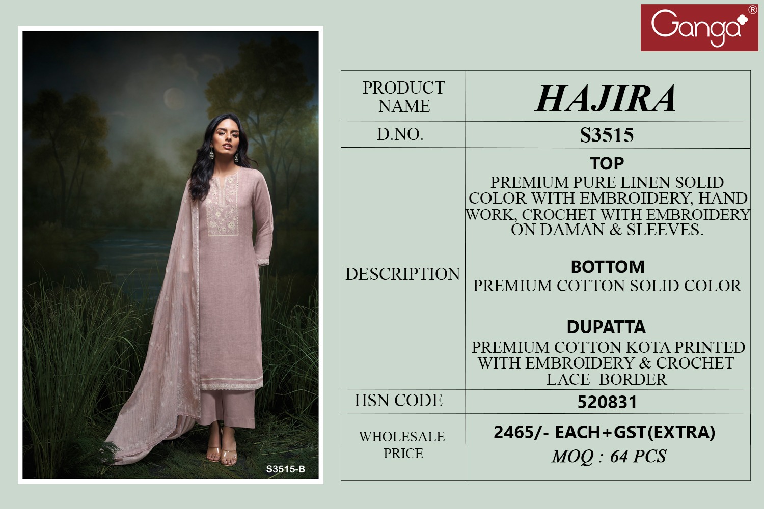 Ganga Hajira 3515 Wholesale Premium Linen Salwar Kameez - Image 4