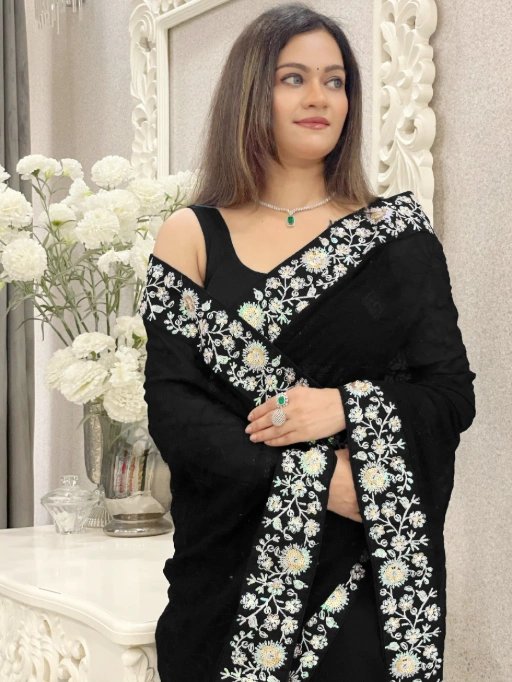 Georgette Embroidered Sequin Work Saree with Heavy Mono Silk Blouse - Image 11
