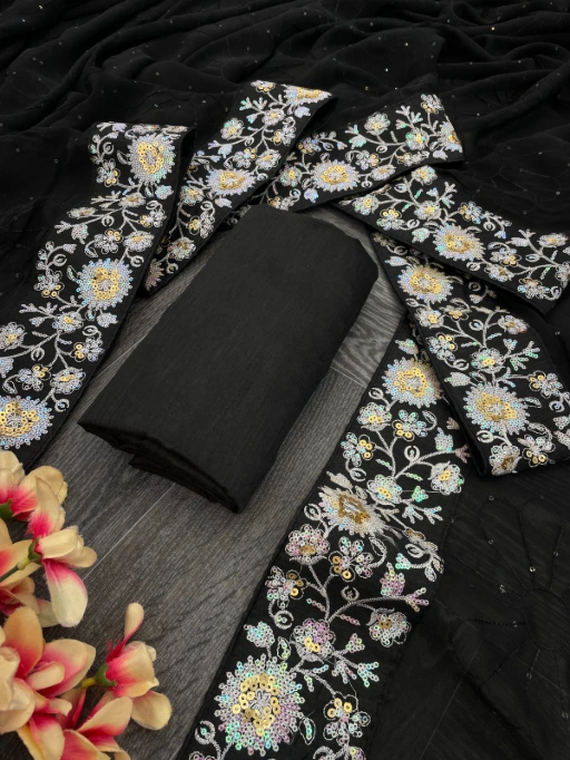 Georgette Embroidered Sequin Work Saree with Heavy Mono Silk Blouse - Image 10