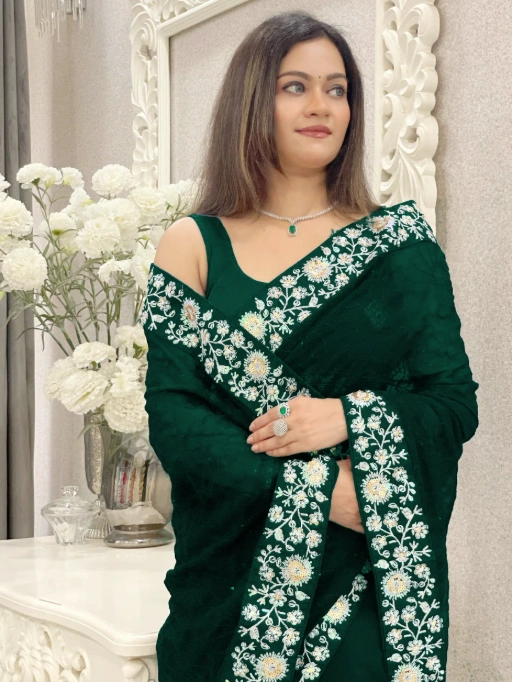 Georgette Embroidered Sequin Work Saree with Heavy Mono Silk Blouse - Image 14