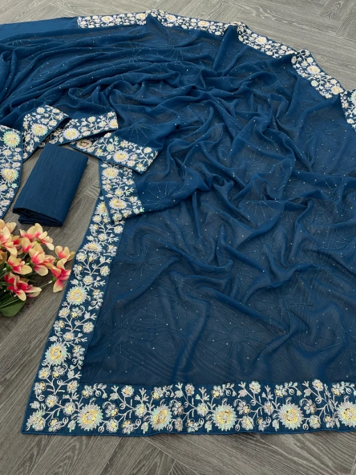 Georgette Embroidered Sequin Work Saree with Heavy Mono Silk Blouse - Image 8