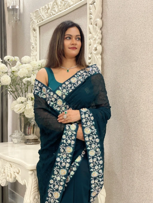 Georgette Embroidered Sequin Work Saree with Heavy Mono Silk Blouse - Image 7