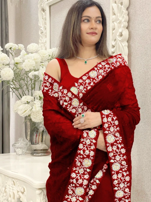 Georgette Embroidered Sequin Work Saree with Heavy Mono Silk Blouse - Image 6