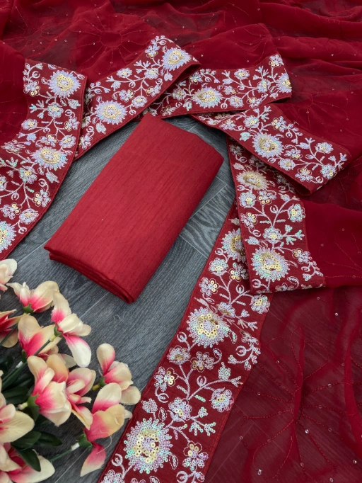 Georgette Embroidered Sequin Work Saree with Heavy Mono Silk Blouse - Image 5