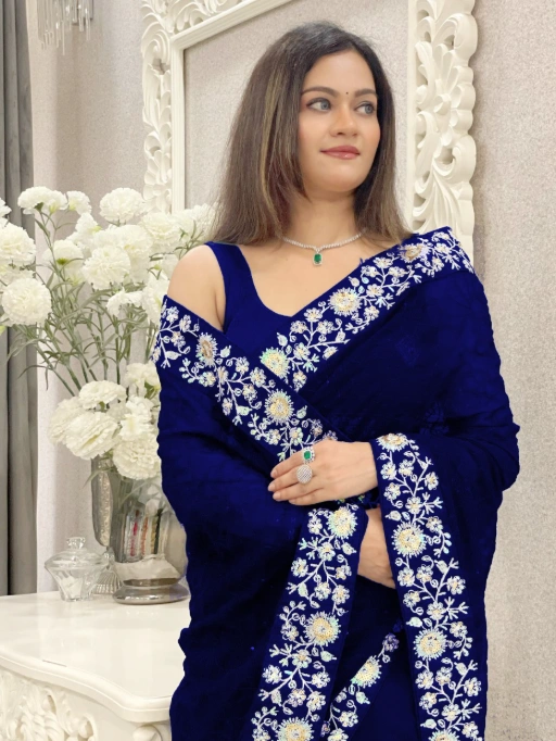 Georgette Embroidered Sequin Work Saree with Heavy Mono Silk Blouse - Image 4