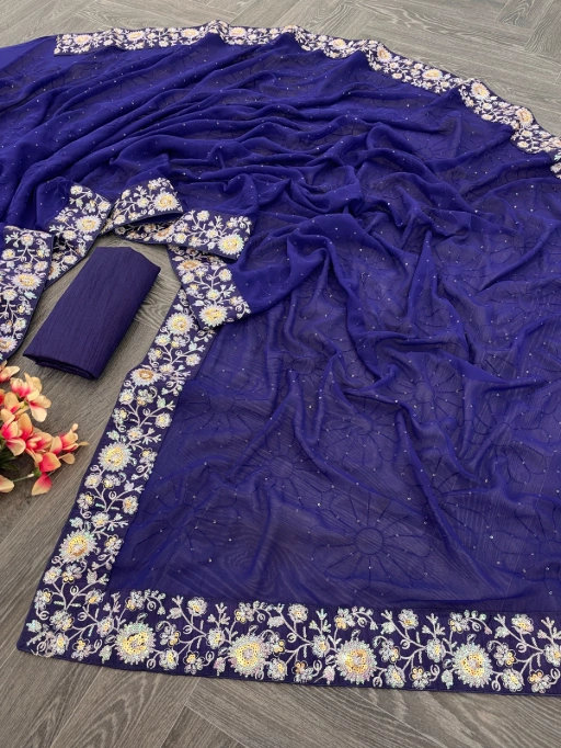 Georgette Embroidered Sequin Work Saree with Heavy Mono Silk Blouse - Image 3