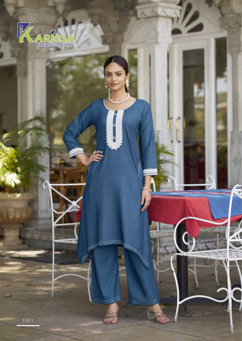 Karissa Aditi Fancy Denim Wholesale Thread Work Co Ord Set Collection