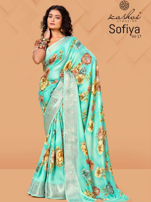 Kashvi Sofiya Vol 17 Wholesale Dull Moss Zari Border Saree Collection