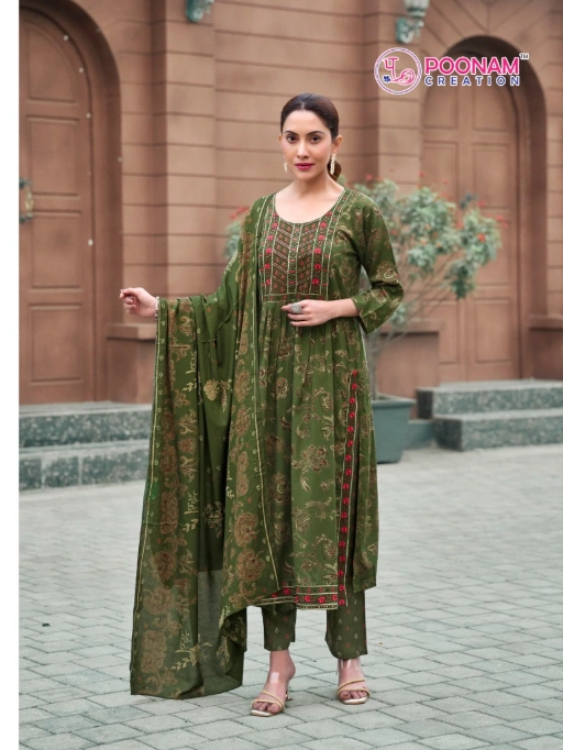 Poonam Shagun Reyon Foil Work Kurti Bottom Dupatta Collection - Image 8