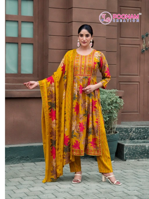 Poonam Shagun Reyon Foil Work Kurti Bottom Dupatta Collection - Image 2