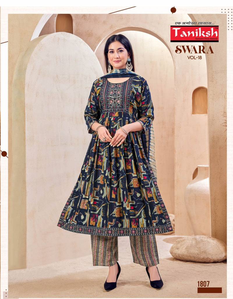 Taniksh Swara Vol 18 Wholesale Rayon Kurti With Bottom Dupatta Catalog