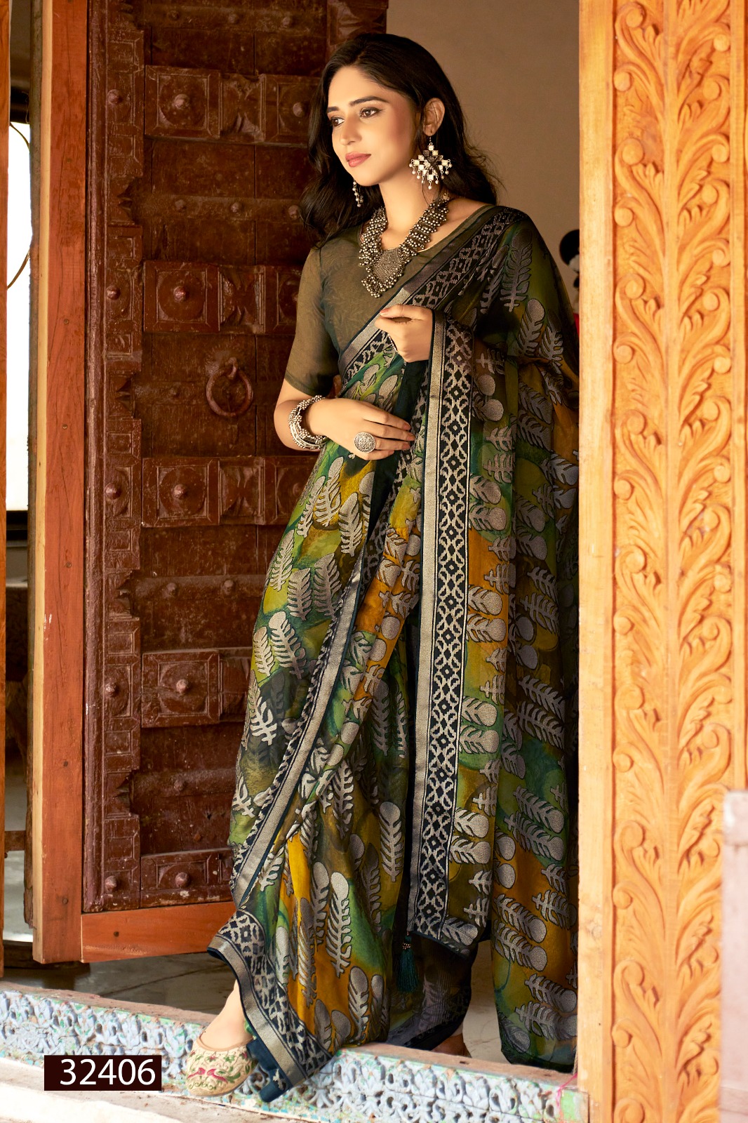 Vallabhi Vasuki 02 Moss Brasso Floral Print Sarees Wholesale Catalog - Image 5