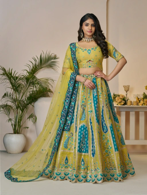 Vardan Alluring Bel Butti Golden Wedding Sangeet Lehenga Choli