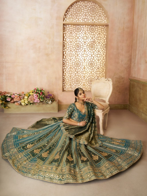 Vardan Ethnic Green Tissue Zari Work Designer Wedding Lehenga - Image 4