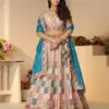 Vardan Ethnic Multi-Pastel Powder Blue Party Wear Lehenga,powder blue party wear lehenga, multi pastel lehenga, dola silk lehenga with sequin work, position print jaal lehenga, designer lehenga for weddings, Vardan lehenga collection