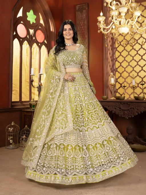 Vardan Ethnic Vibrant Lime Green Net Designer Wedding Lehenga (3)