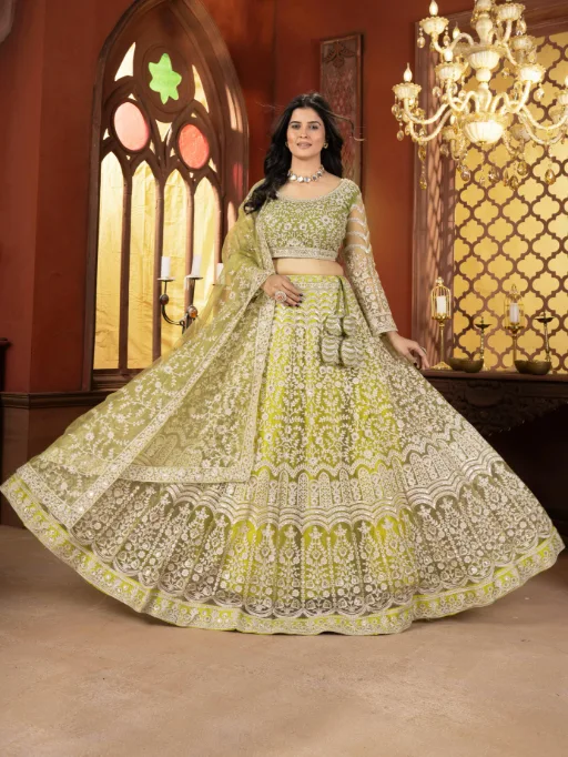 Vardan Ethnic Vibrant Lime Green Net Designer Wedding Lehenga - Image 6