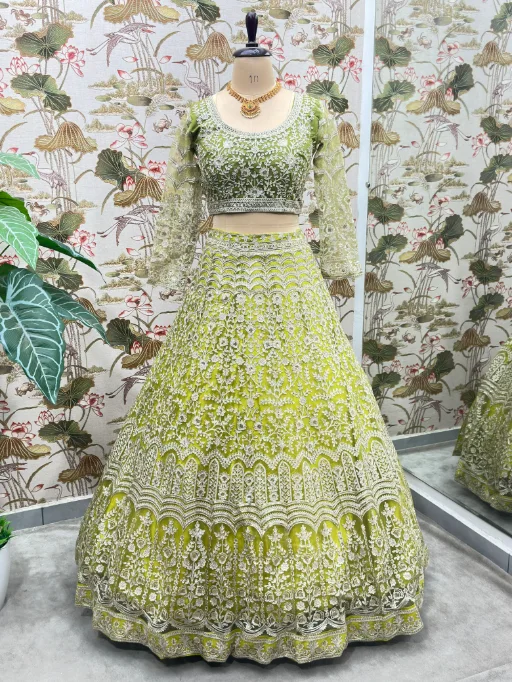 Vardan Ethnic Vibrant Lime Green Net Designer Wedding Lehenga - Image 2