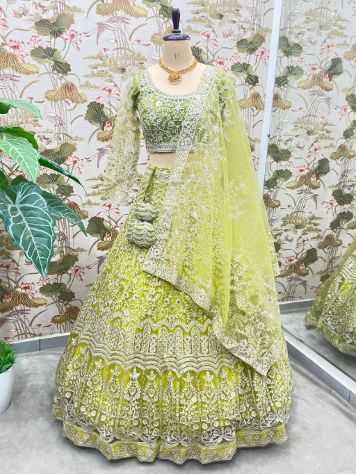 Vardan Ethnic Vibrant Lime Green Net Designer Wedding Lehenga - Image 3