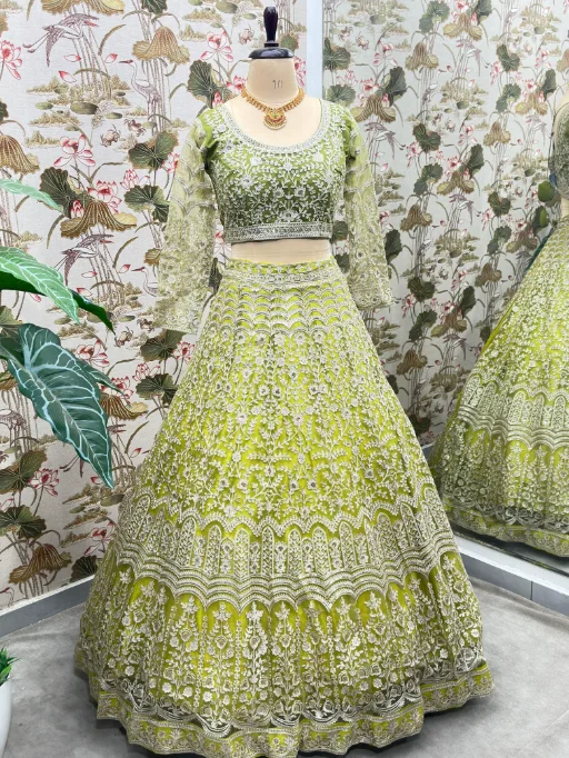 Vardan Ethnic Vibrant Lime Green Net Designer Wedding Lehenga - Image 4