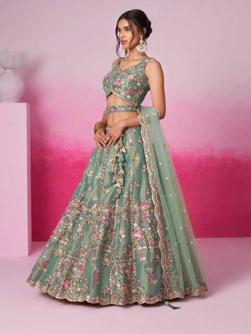 Vardan Sea Green Net Sequinned Designer Bridesmaid Lehenga - Image 4