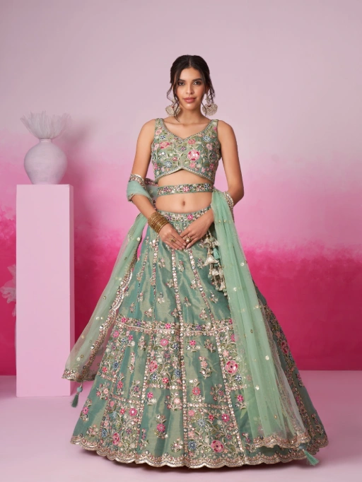 Vardan Sea Green Net Sequinned Designer Bridesmaid Lehenga - Image 3
